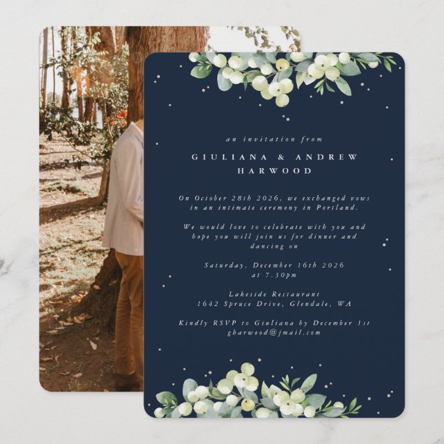 Convite Recepção de Casamento Navy Snowberry+Eucalyptus Fo (Frente/Verso)