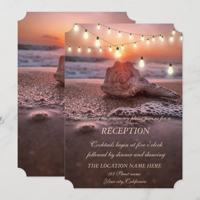Convite Recepção de Casamento Ocean Beach, Luzes de Concha (Frente/Verso)