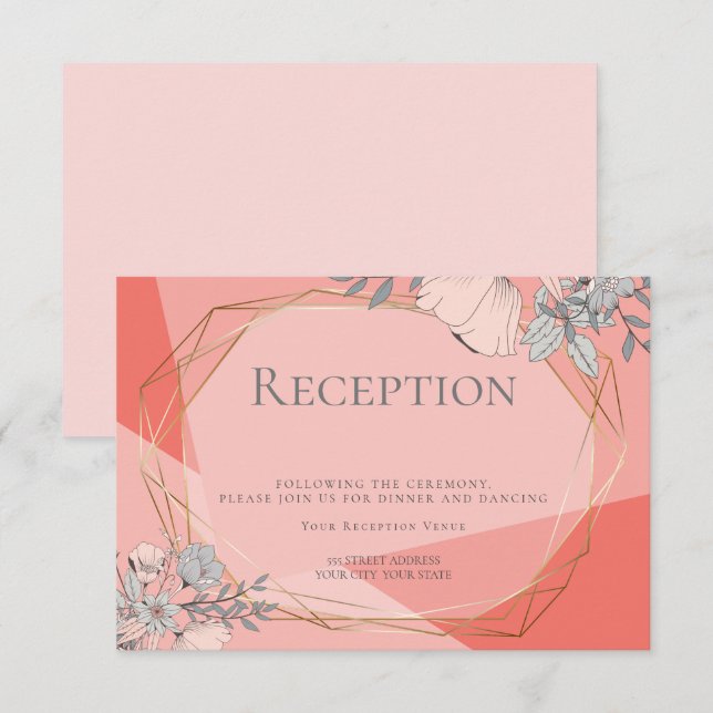 Convite Recepção de Casamento OnTrend Coral Floral Quadro  (Frente/Verso)