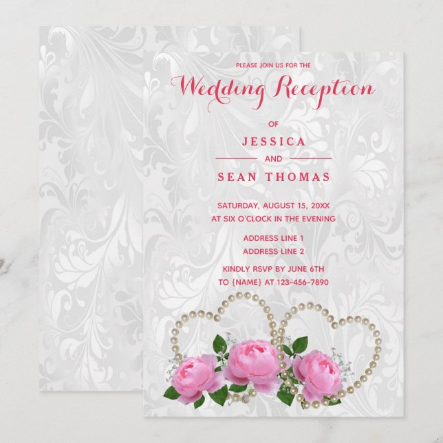 Convite Recepção de Casamento Pérola Corações e Rosas Dama (Frente/Verso)