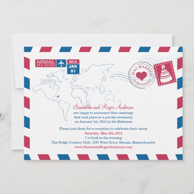 Convite Recepção de Casamento Pós-Envio pelo Correio Aéreo (Frente)