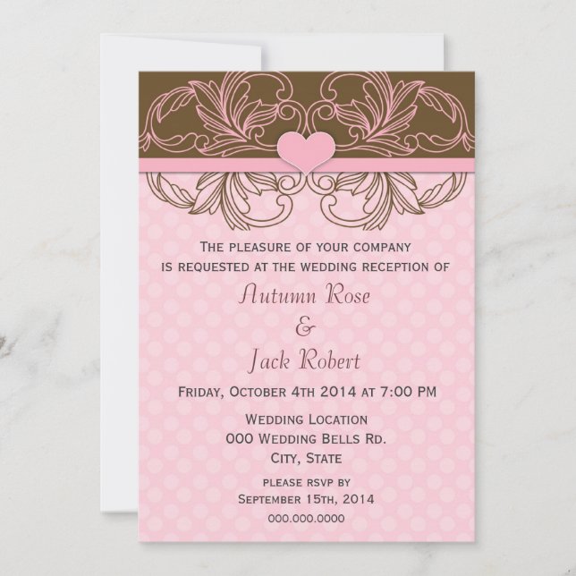 Convite Recepção de Casamento Rosa e Marrom Fofa (Frente)