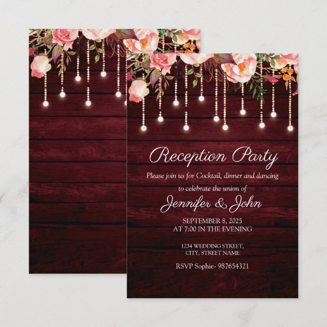 Convite Recepção de Casamento Rústico em Marrom Floral (Frente/Verso)