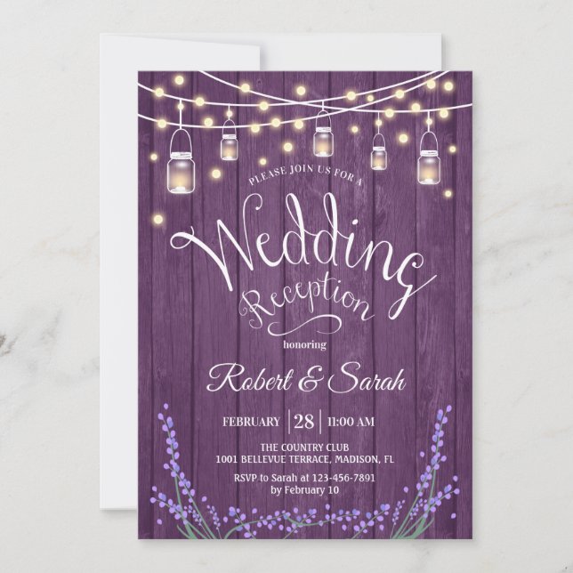 Convite Recepção de Casamento Rústico - Madeira Roxo Lavan (Frente)