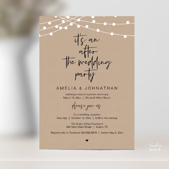 Convite Recepção de Casamento Rústico Moderno Kraft Marrom (Modern Rustic Wedding Reception Brown Kraft, string lights, Invitation card pdf black script)