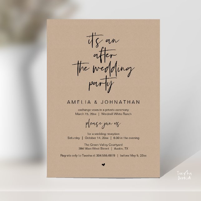 Convite Recepção de Casamento Rústico Moderno Kraft Marrom (Modern Rustic Wedding Reception Brown Kraft Invitation card pdf black script)