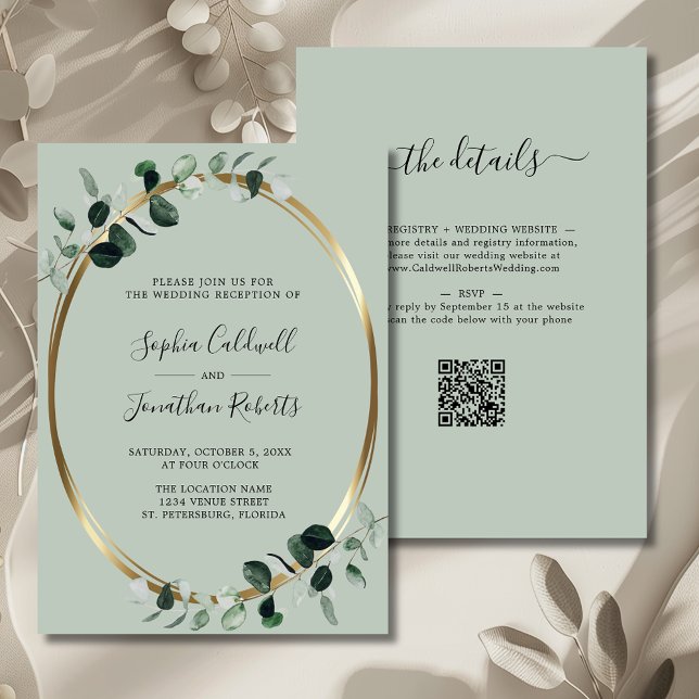 Convite Recepção de Casamento Sage Metálico em Ouro Eucali (Eucalyptus Gold Sage QR Code Wedding Reception Invitation)