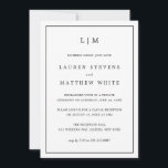 Convite Recepção de Casamento Simples e Elegante em Preto<br><div class="desc">Anúncio de casamento simples com convite para recepção apresentando um design moderno e elegante com seu monograma de duas letras no topo e seus detalhes cercados por uma fina borda. Todo o texto é preto, sobre um fundo branco e o verso é preto sólido. As fontes e cores de fundo...</div>