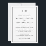 Convite Recepção de Casamento Simples e Elegante em Preto<br><div class="desc">Anúncio de casamento simples com convite para recepção apresentando um design moderno e elegante com seu monograma de duas letras no topo e seus detalhes cercados por uma fina borda. Todo o texto é preto, sobre um fundo branco e o verso é preto sólido. As fontes e cores de fundo...</div>