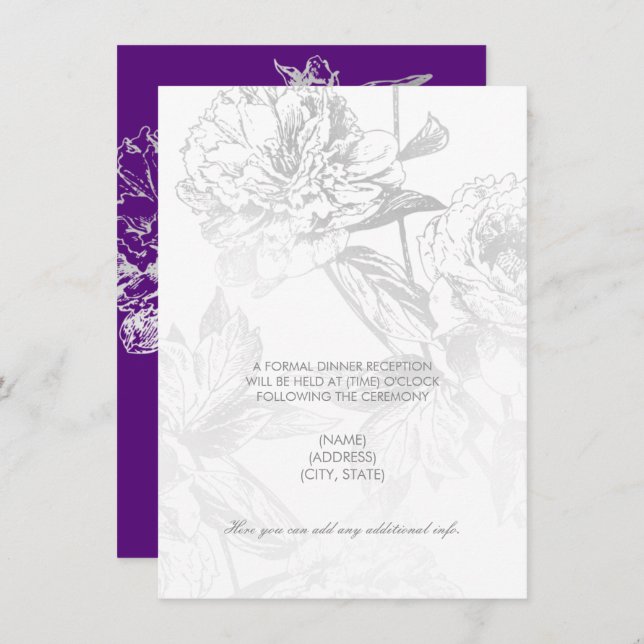 Convite Recepção de casamento Simples Prata Floral Roxo (Frente/Verso)