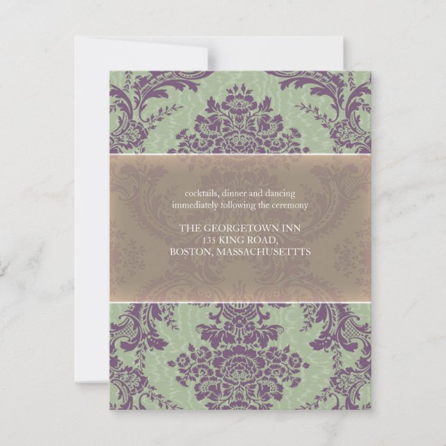 Convite Recepção de Casamento tema damasco Elegante Roxo d (Frente)