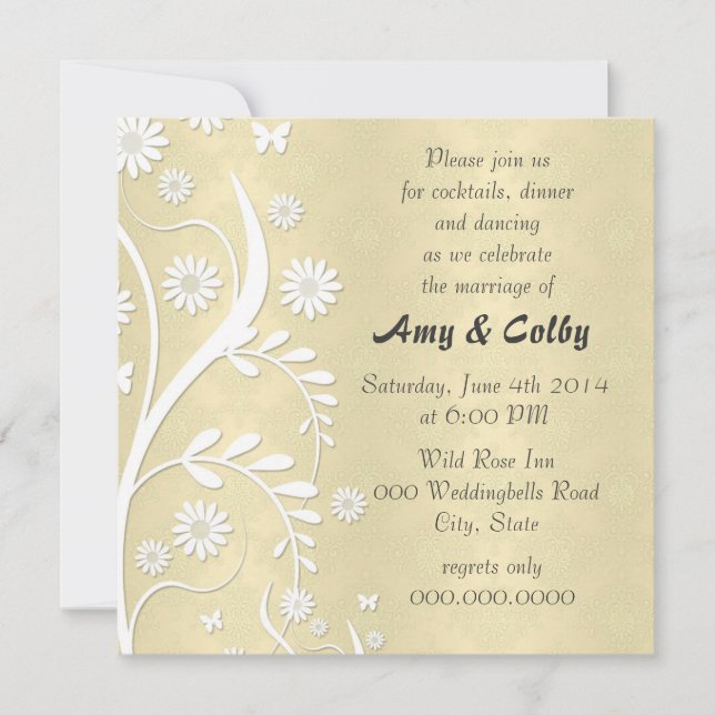 Convite Recepção de Casamento tema damasco Floral Amarelo  (Frente)