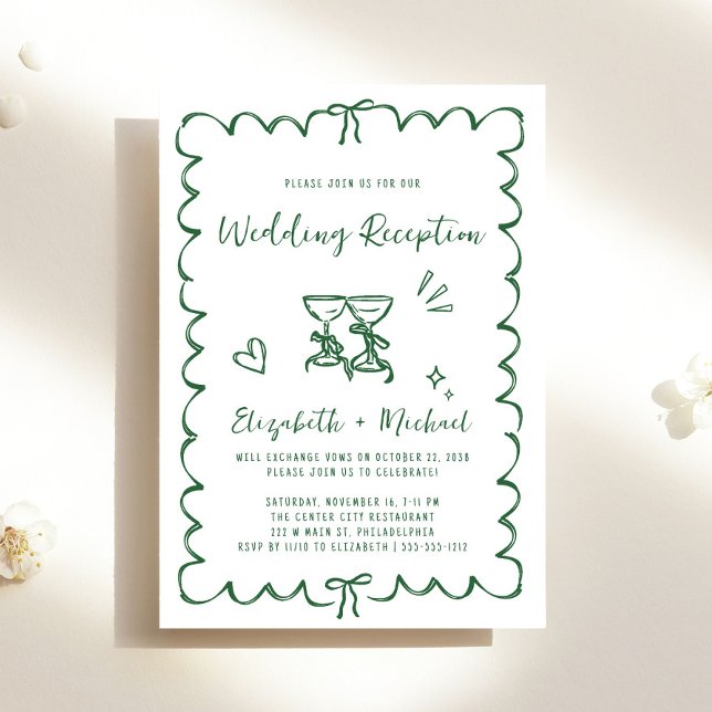 Convite Recepção de Casamento Verde Desenhada à Mão Capric (Whimsical Hand Drawn Green Wedding Reception Invitation)