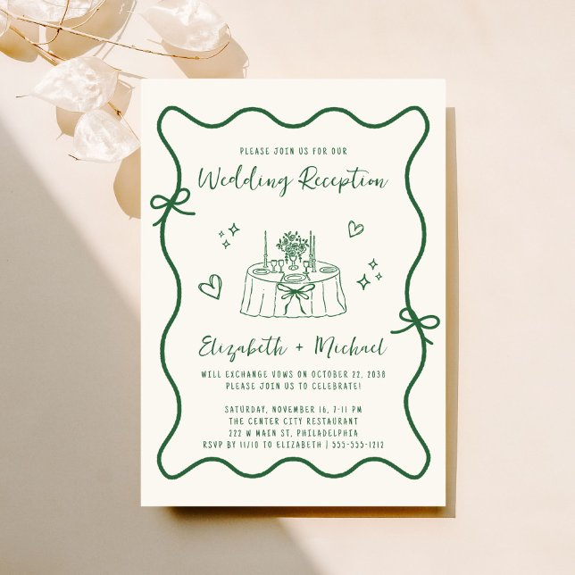 Convite Recepção de casamento Verde Desenhada À Mão Do Whi (Fun reception invitation featuring a whimsical hand drawn wedding table with hearts + coquette bows)