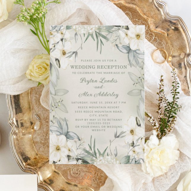 Convite Recepção de casamento Verde Floral Branco Elegante (Criador carregado)