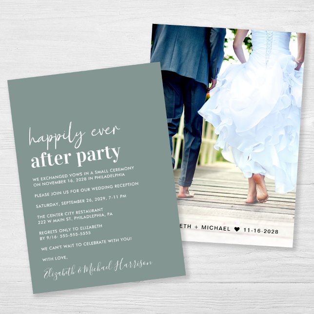 Convite Recepção de casamento Verde mínima moderna de imag (An chic Happily Ever After Party photo invitation for your wedding celebration)
