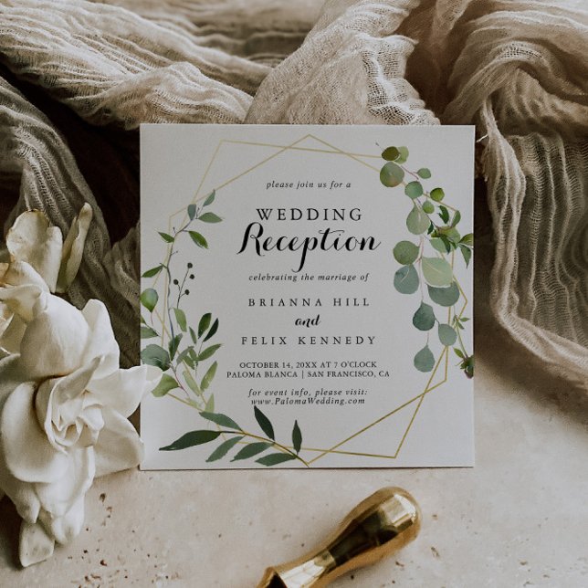 Convite Recepção de casamento verde tropical Dourada geomé (Criador carregado)