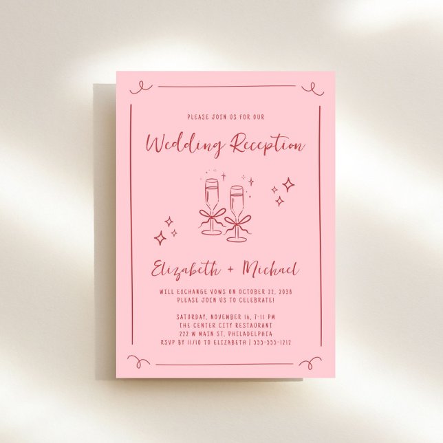Convite Recepção de casamento Vermelha Cor-de-Rosa, Desenh (Whimsical pink + red wedding reception invitation to set the tone for an unforgettable event)