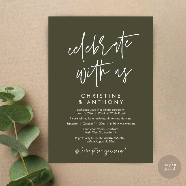 Convite Recepção de Jantar de Casamento Minimalista Modern (Modern Minimal Wedding Reception Dinner Lunch Brunch Invitation Card in Olive green)