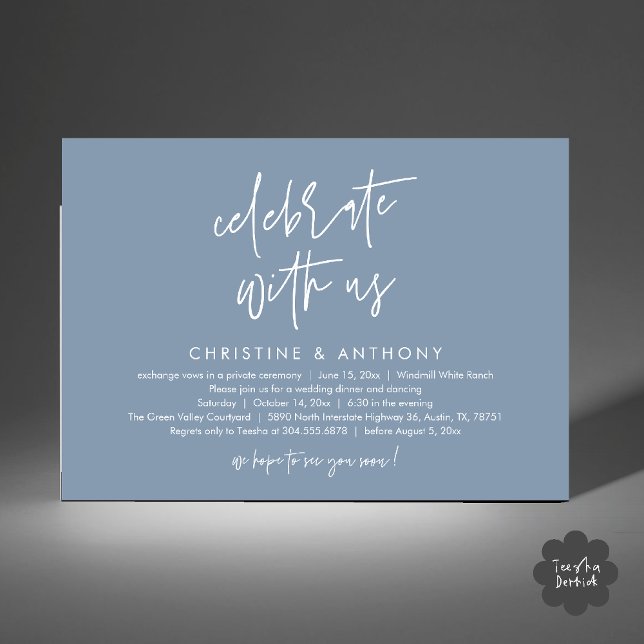 Convite Recepção de Jantar de Casamento Minimalista Modern (Modern Minimalist Wedding Reception Dinner Invitation Card, Celebrate with us, in Dusty Blue)