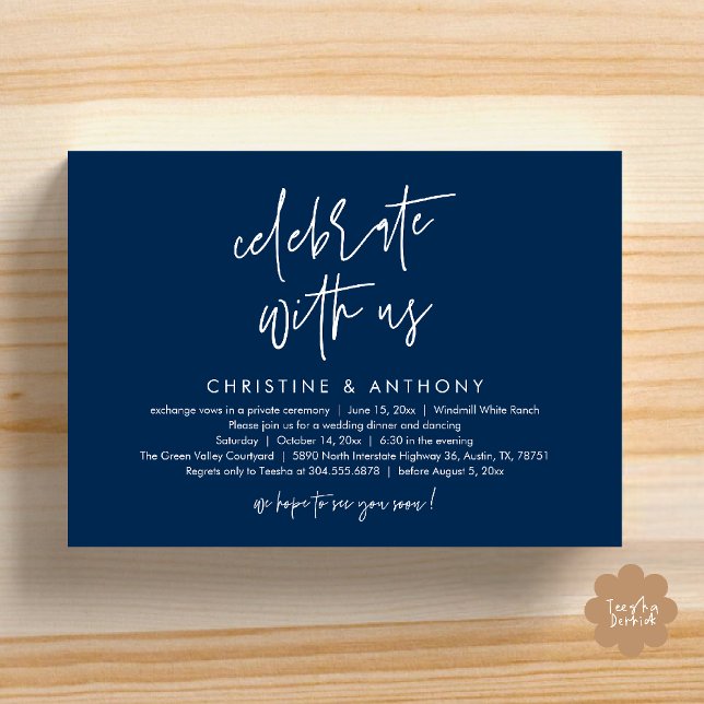 Convite Recepção de Jantar de Casamento Minimalista Modern (Modern Minimalist Wedding Reception Dinner Invitation Card, Celebrate with us, in Navy Blue)