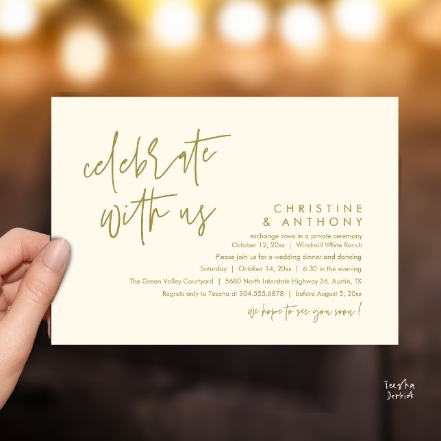 Convite Recepção de Jantar de Casamento Minimalista Modern (Modern Minimalist Wedding Reception Dinner Invitation Card, Celebrate with us, in Yellow gold)