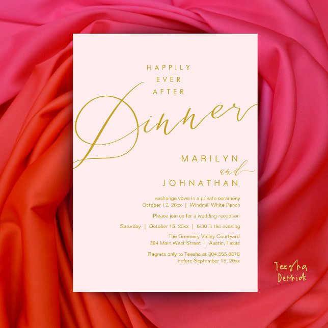 Convite Recepção de Jantar de Casamento Moderno Feliz para (Modern Wedding Happily Ever After Reception Dinner Invitation Card in Gold Blush)