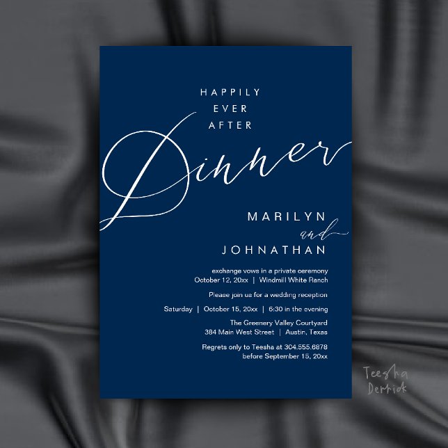 Convite Recepção de Jantar de Casamento Moderno Feliz para (Modern Wedding Happily Ever After Reception Dinner Invitation Card in Navy Blue)