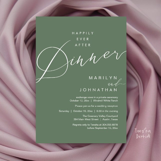 Convite Recepção de Jantar do Casamento Moderno Feliz para (Modern Wedding Happily Ever After Reception Dinner Invitation Card in Sage Green)
