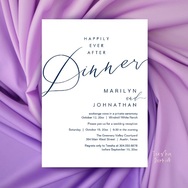 Convite Recepção de Jantar do Casamento Moderno Feliz para (Modern Wedding Happily Ever After Reception Dinner Invitation Card in Navy Blue)