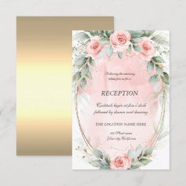 Convite Recepção de Moldura Dourada com Rosas Rosa Chic