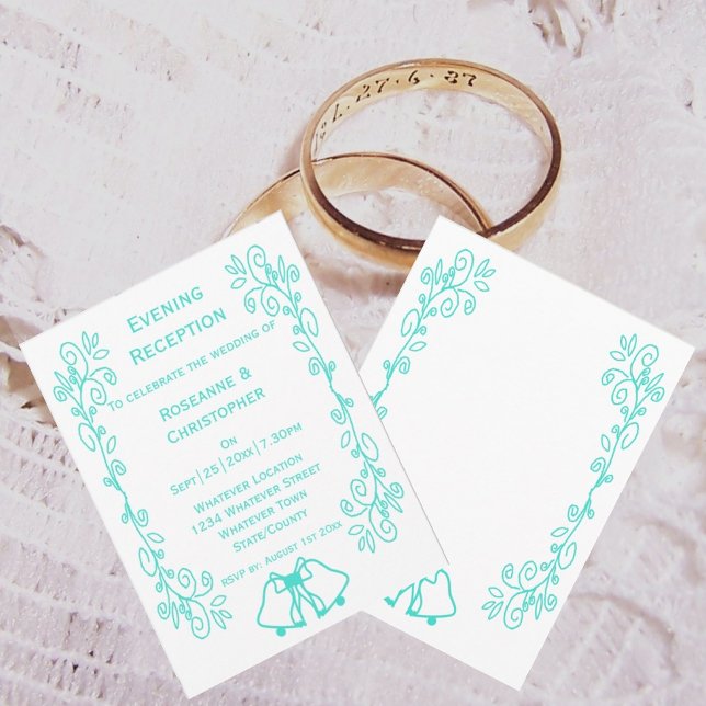 Convite Recepção de Noivado com Sinos em Turquesa e Trabal (Turquoise evening reception wedding invitation bells scrollwork design)