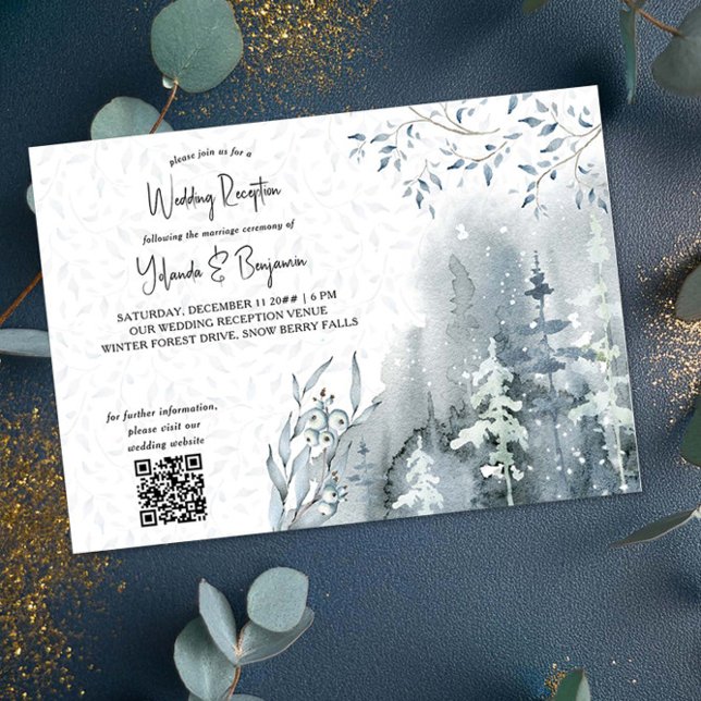 Convite Recepção de Noivado de Inverno da Floresta de Neve (Wedding Reception Invitation with qr code from the Snow Forest Wedding Collection by Darling & May)