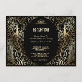 Convite Recepção de Noivos Art Déco Glam Gold com Pavões