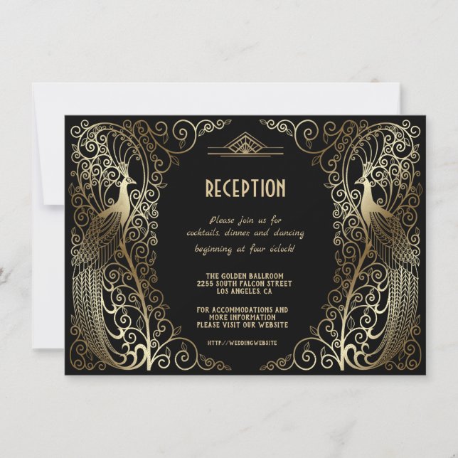 Convite Recepção de Noivos Glam Gold Art Déco com Pavões (Frente)