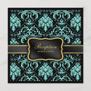 Convite Recepção Elegante de Azul Aqua e Damasco Preto Ape