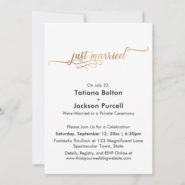 Convite Recepção Elegante de Recens casados de Caligrafia  (Frente)