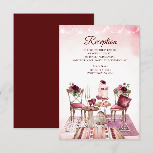 Convite Recepção Floral em Aquarela Boho Borgonha (Frente/Verso)