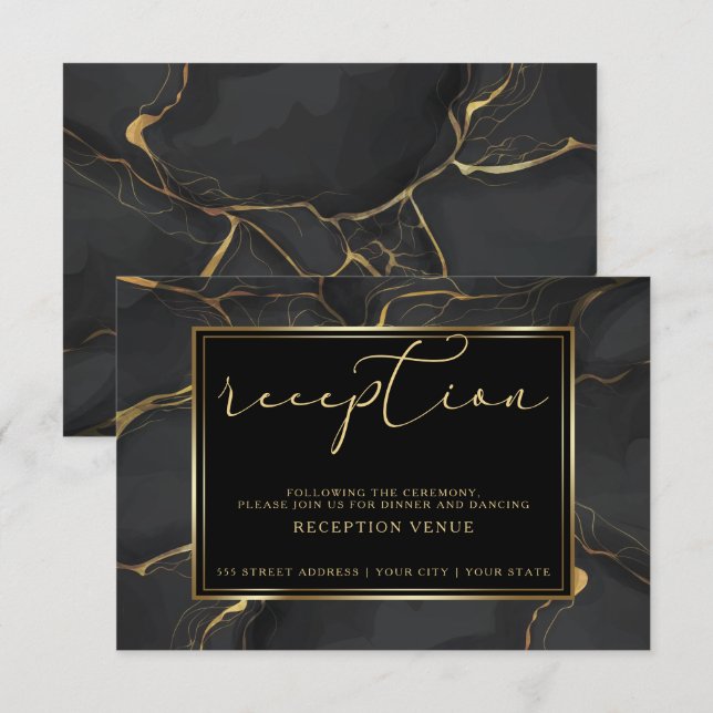 Convite RECEPÇÃO | Mármore Preto e Dourado Elegante (Frente/Verso)