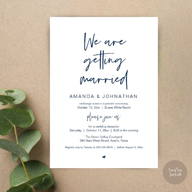 Convite Recepção Minimalista Moderna, Estamos nos casando (Modern Minimal Reception, We are getting married Invitation Card in Navy Blue)