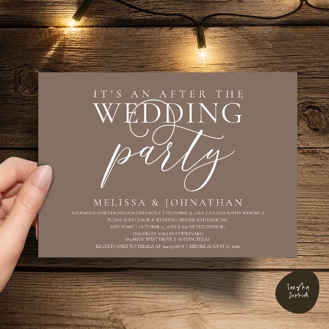 Convite recepção moderna, É uma festa após o casamento (modern reception, It's an after the wedding Dinner Dancing Party Invitation Card in Warm Taupe)