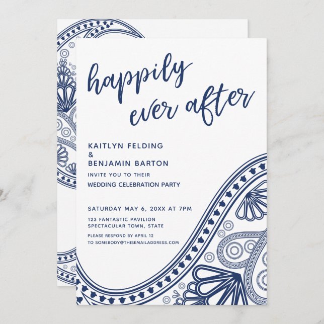 Convite Recepção Navy Happily Ever After Paisley somente p (Frente/Verso)