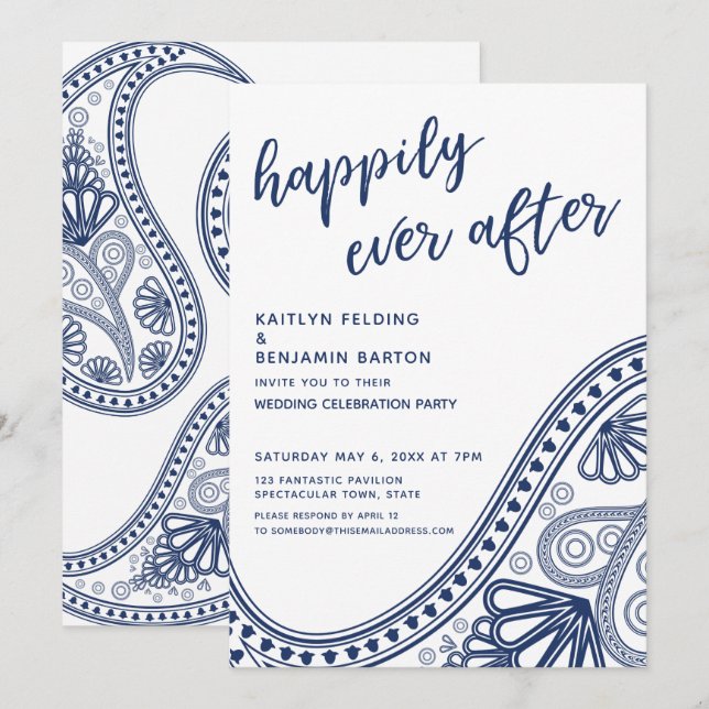 Convite Recepção Navy Happily Ever After Paisley Somente R (Frente/Verso)