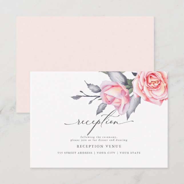 Convite Recepção Rosa-Blush com Rosa de Algodão Russo (Frente/Verso)