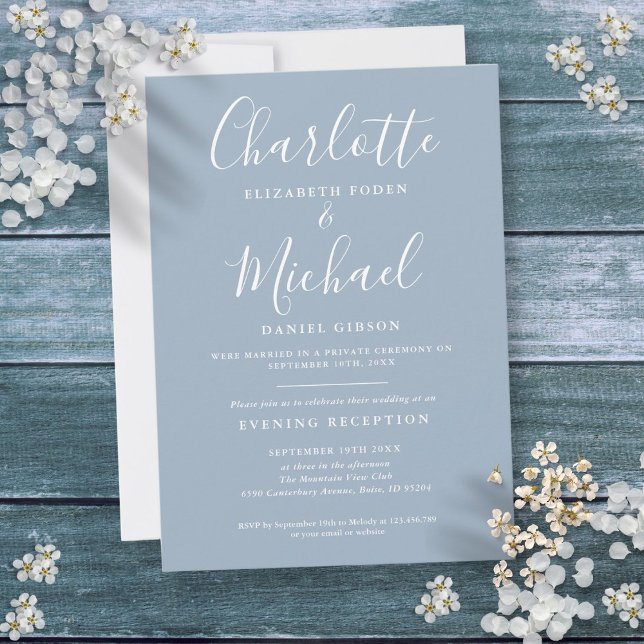 Convite Recepção Somente Casamento Script Azul Empoeirado (Reception Only Dusty Blue Script Wedding Invitation)