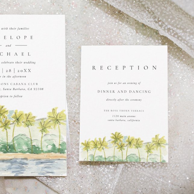 Convite Receptáculo de Recepções de casamento Tropicais da (Watercolor palm trees beach scene wedding reception information enclosure cards.)