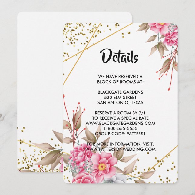 Convite Receptáculo Floral Rosa de Quadro Dourado Geométri (Frente/Verso)