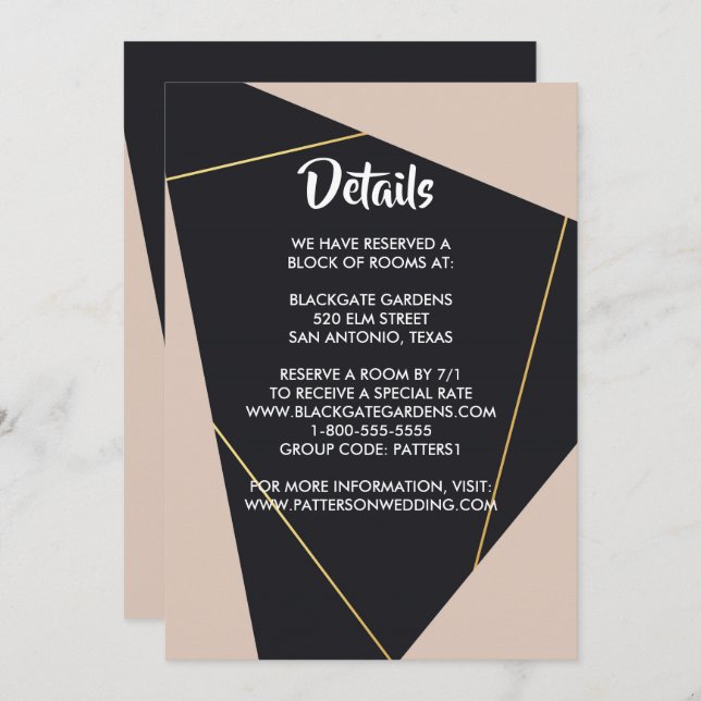 Convite Receptáculo geométrico preto-e-rosa e dourado (Frente/Verso)