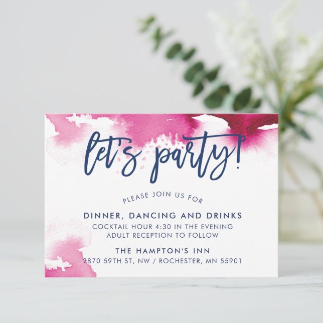 Convite RECEPTION cute hand lettered dark pink watercolor (Em pé/Frente)