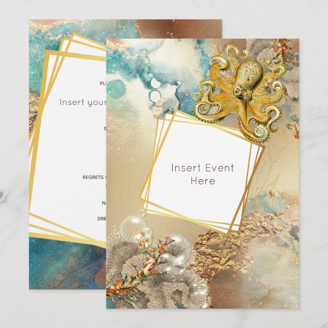 Convite Recife de coral polvo aquarela marinho náutico (Frente/Verso)